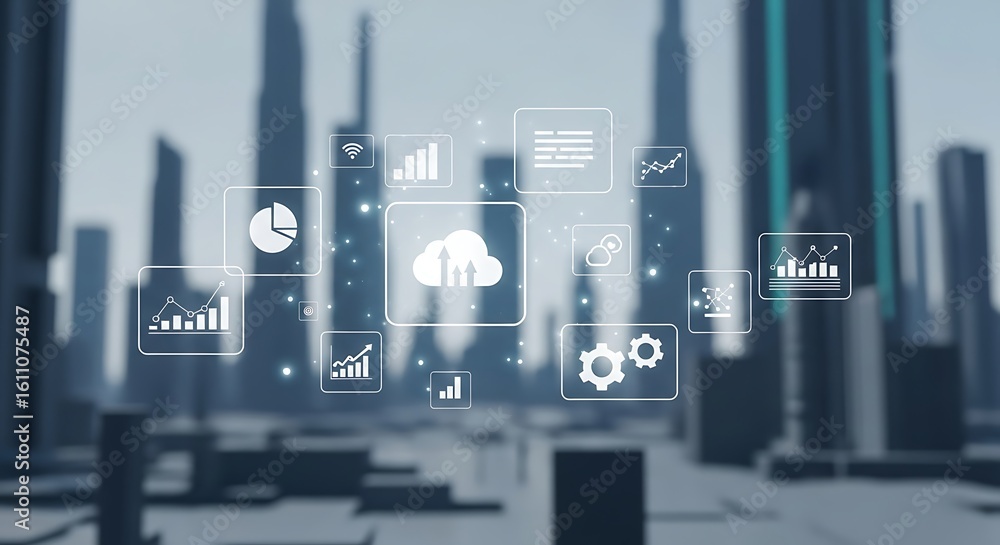 Poster cloud computing technology and data analytics for business on a futuristic city background. digital 