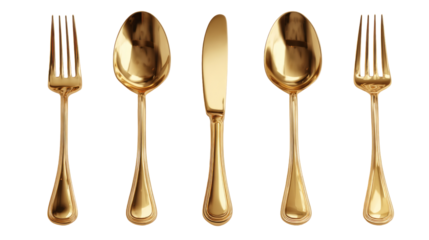 Golden cutlery set with fork spoon and knife isolated, transparent background