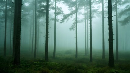 Obraz premium Misty Pine Forest: Tall Trees Enveloped in Fog