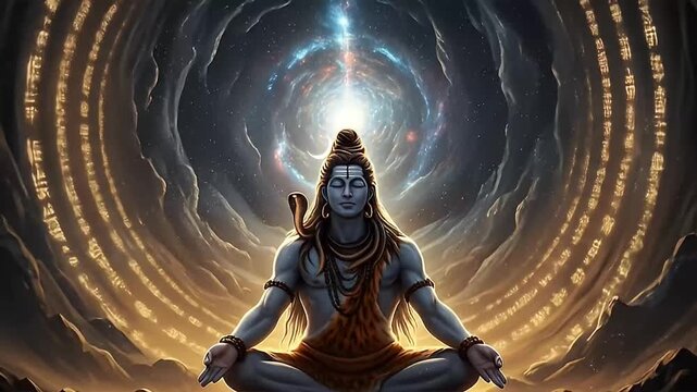 Divine Lord Shiva glowing with orange halo in meditative posture, perfect for spiritual designs, backgrounds, meditation apps, and religious themes
