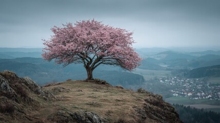 Blossoming cherry tree standing alone on hill