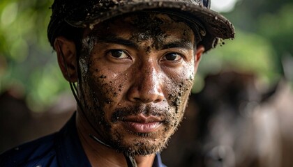 Close-up portrait of a man with dirt on his face and hat, looking directly at the camera with a serious expression.