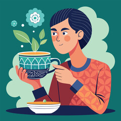 Cartoon vector illustration of a funny woman with a cup of tea enjoying breakfast in a cafe