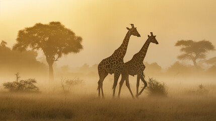 Obraz premium Two giraffes walking in a misty african savanna at sunrise