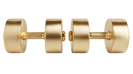 Fototapeta premium Pair of gold dumbbell weights with shiny metallic finish isolated, transparent background