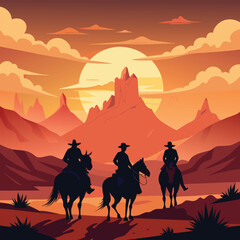 Silhouetted camels traverse the vast desert landscape at sunset, forming a caravan against the vibrant sky