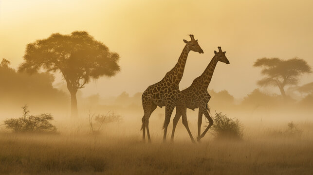 Two giraffes walking in a misty african savanna at sunrise - Powered by Adobe
