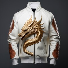Fashion bomber jacket with fiery dragon artwork and glowing flame details on sleeves, featuring fantasy-style embroidery and epic creature design – perfect for cosplay and streetwear.