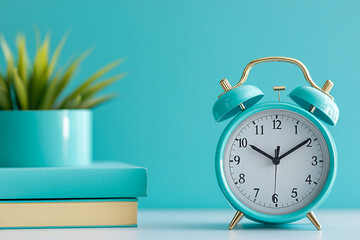 Stylish turquoise alarm clock sits beside stack of books and small potted plant, creating serene and organized workspace
