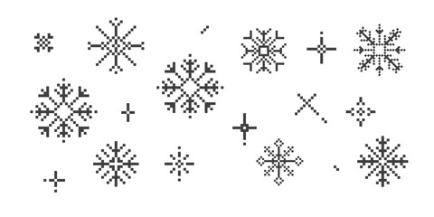 Pixel snowflake border winter retro pixilated 8 bit game stamp. Y2k snow divider, minimal simple. Holiday flake ornament. Simple crystal ornament
