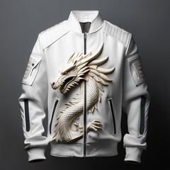 Fashion bomber jacket with fiery dragon artwork and glowing flame details on sleeves, featuring fantasy-style embroidery and epic creature design – perfect for cosplay and streetwear.