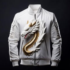 Fashion bomber jacket with fiery dragon artwork and glowing flame details on sleeves, featuring fantasy-style embroidery and epic creature design – perfect for cosplay and streetwear.