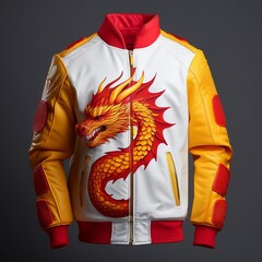 Fashion bomber jacket with fiery dragon artwork and glowing flame details on sleeves, featuring fantasy-style embroidery and epic creature design – perfect for cosplay and streetwear.