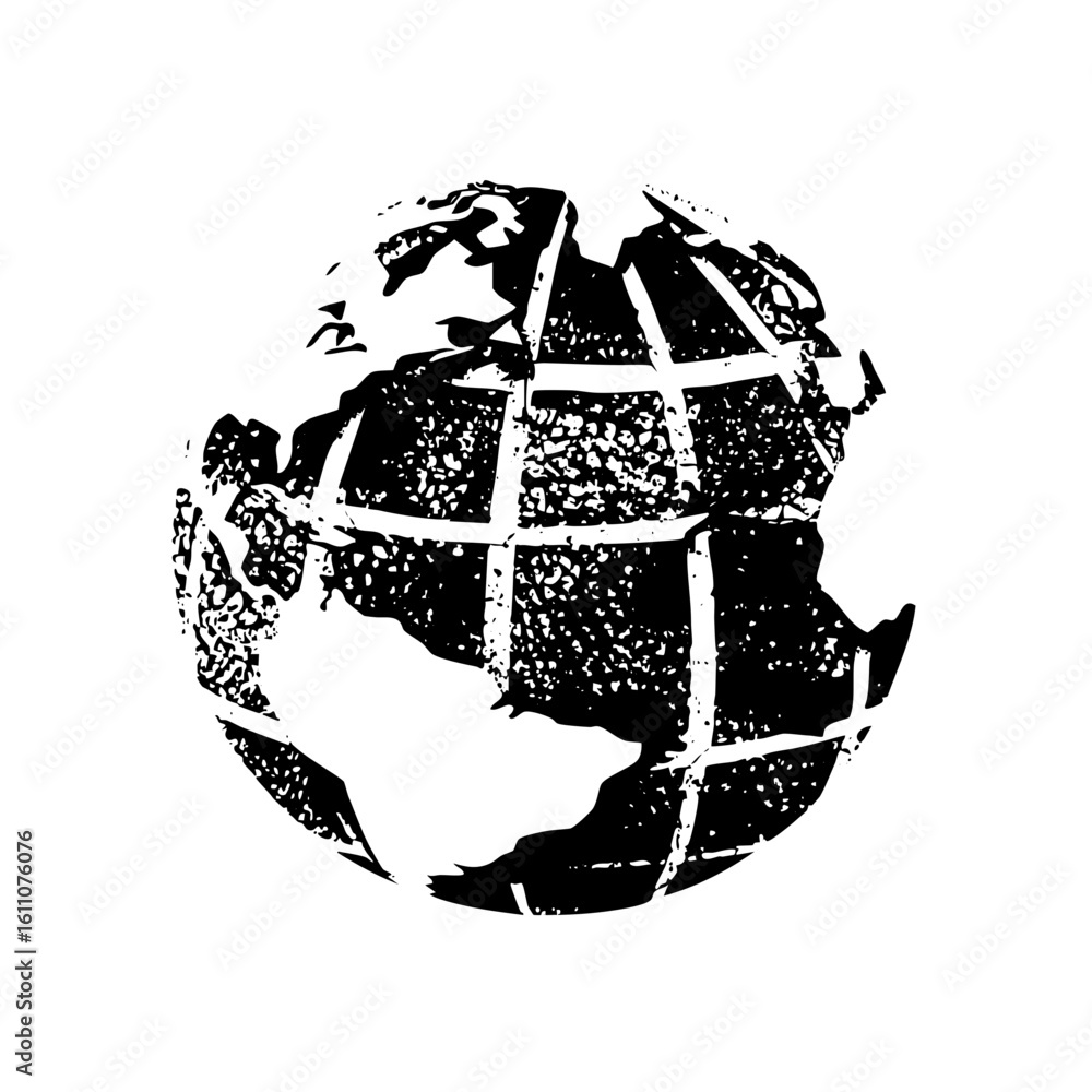 Poster vector monochrome globe with grid lines depicts a world map.