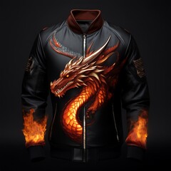 Fashion bomber jacket with fiery dragon artwork and glowing flame details on sleeves, featuring fantasy-style embroidery and epic creature design – perfect for cosplay and streetwear.