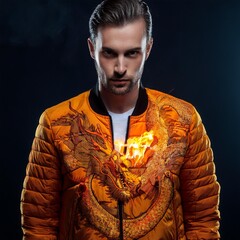 Fashion bomber jacket with fiery dragon artwork and glowing flame details on sleeves, featuring fantasy-style embroidery and epic creature design – perfect for cosplay and streetwear.