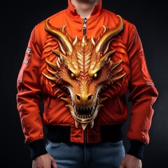 Fashion bomber jacket with fiery dragon artwork and glowing flame details on sleeves, featuring fantasy-style embroidery and epic creature design – perfect for cosplay and streetwear.