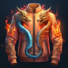 Fashion bomber jacket with fiery dragon artwork and glowing flame details on sleeves, featuring fantasy-style embroidery and epic creature design – perfect for cosplay and streetwear.