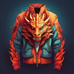 Fashion bomber jacket with fiery dragon artwork and glowing flame details on sleeves, featuring fantasy-style embroidery and epic creature design – perfect for cosplay and streetwear.