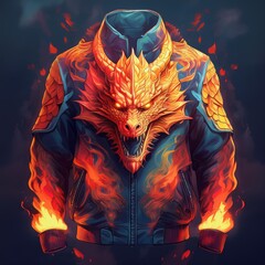 Fashion bomber jacket with fiery dragon artwork and glowing flame details on sleeves, featuring fantasy-style embroidery and epic creature design – perfect for cosplay and streetwear.