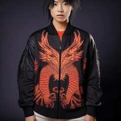 Fashion bomber jacket with fiery dragon artwork and glowing flame details on sleeves, featuring fantasy-style embroidery and epic creature design – perfect for cosplay and streetwear.