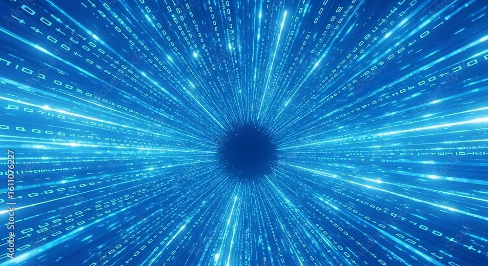 Poster hyperspace journey through a digital wormhole of glowing blue data streams, representing high-speed 