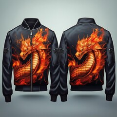 Fashion bomber jacket with fiery dragon artwork and glowing flame details on sleeves, featuring fantasy-style embroidery and epic creature design – perfect for cosplay and streetwear.