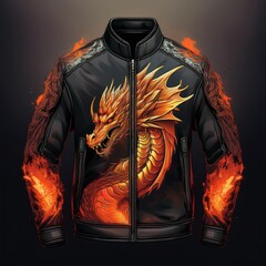Fashion bomber jacket with fiery dragon artwork and glowing flame details on sleeves, featuring fantasy-style embroidery and epic creature design – perfect for cosplay and streetwear.