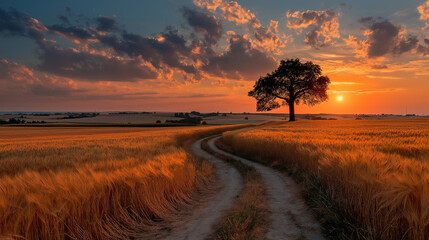 Solitary tree on a dirt road during a dramatic sunset isolated on white background isolated on transparent background