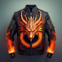 Fashion bomber jacket with fiery dragon artwork and glowing flame details on sleeves, featuring fantasy-style embroidery and epic creature design – perfect for cosplay and streetwear.