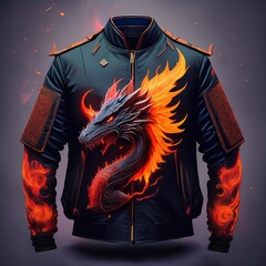 Fashion bomber jacket with fiery dragon artwork and glowing flame details on sleeves, featuring fantasy-style embroidery and epic creature design – perfect for cosplay and streetwear.
