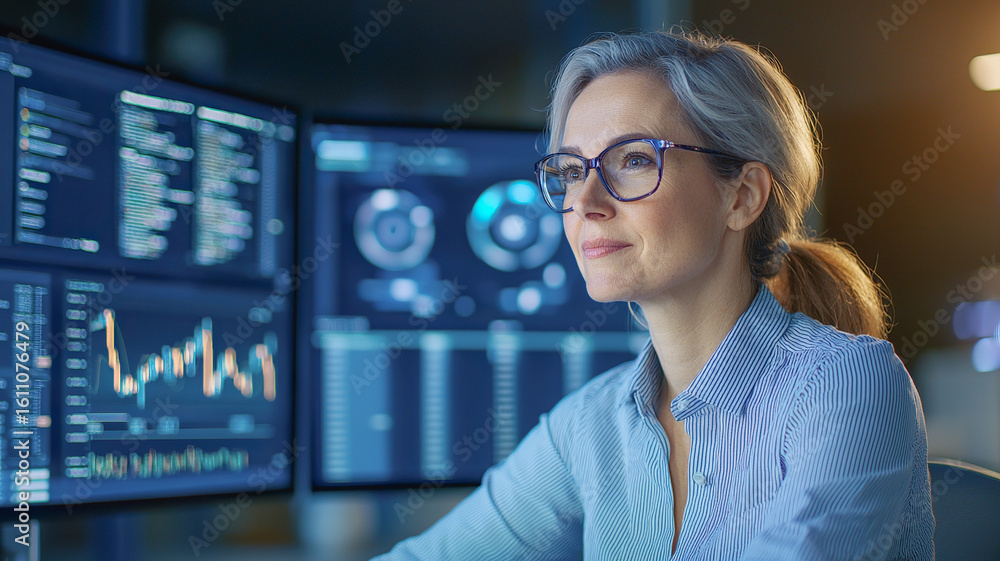 Poster focused professional woman analyzes data on multiple screens, showcasing modern workspace with graph