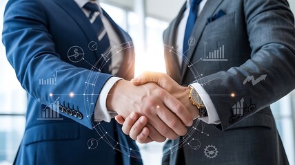 Businessmen shaking hands with financial graphics handshake