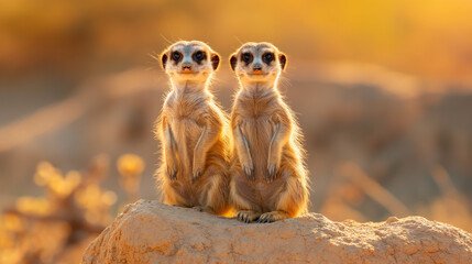 Fototapeta premium Two meerkats standing together in warm golden sunlight outdoors