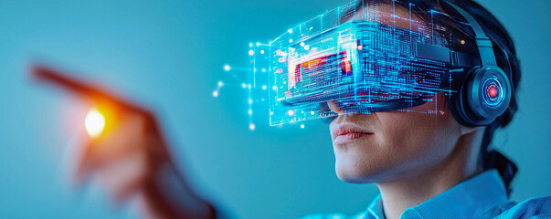 Immersive virtual reality experience with futuristic headset, showcasing advanced technology and holographic visuals