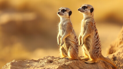 Fototapeta premium Two meerkats standing guard on a rocky outcrop in the desert