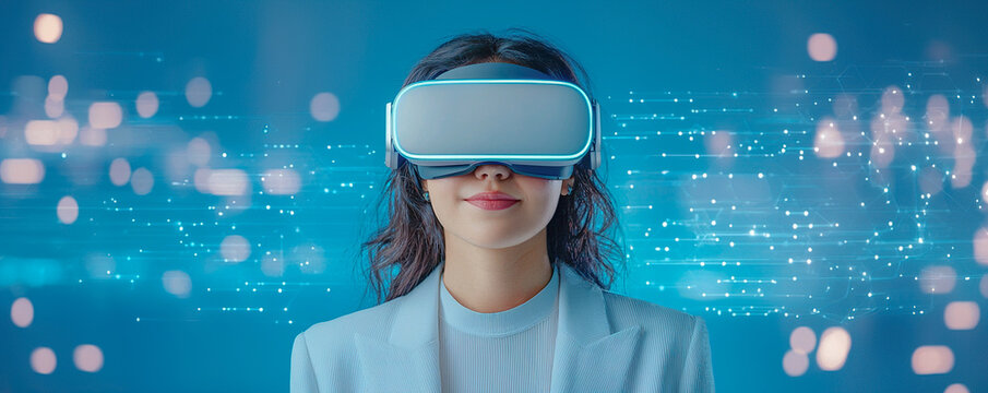 Futuristic remote worker wearing VR headset, immersed in digital environment with holographic elements, showcasing innovation and technology