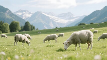 Fototapeta premium Sheep grazing in a lush green field with mountainous backdrop