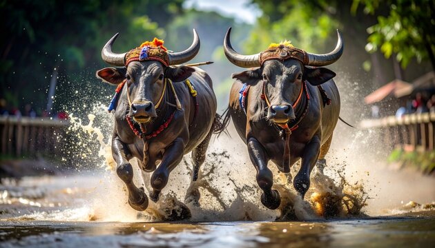 Two water buffalo racing through a shallow river, decorated with colorful headwear, splashing water, and surrounded by lush greenery.