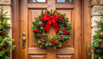A festive Christmas wreath adorns a wooden front door, decorated with pinecones, red berries, and a vibrant red bow.