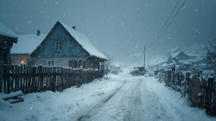 Fototapeta premium Blizzard over mountain village