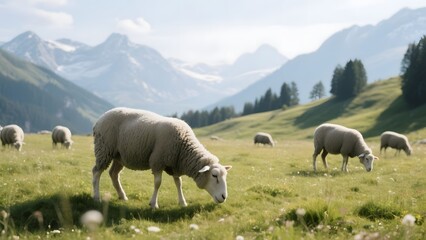 Obraz premium Sheep grazing in a lush green meadow with mountainous backdrop