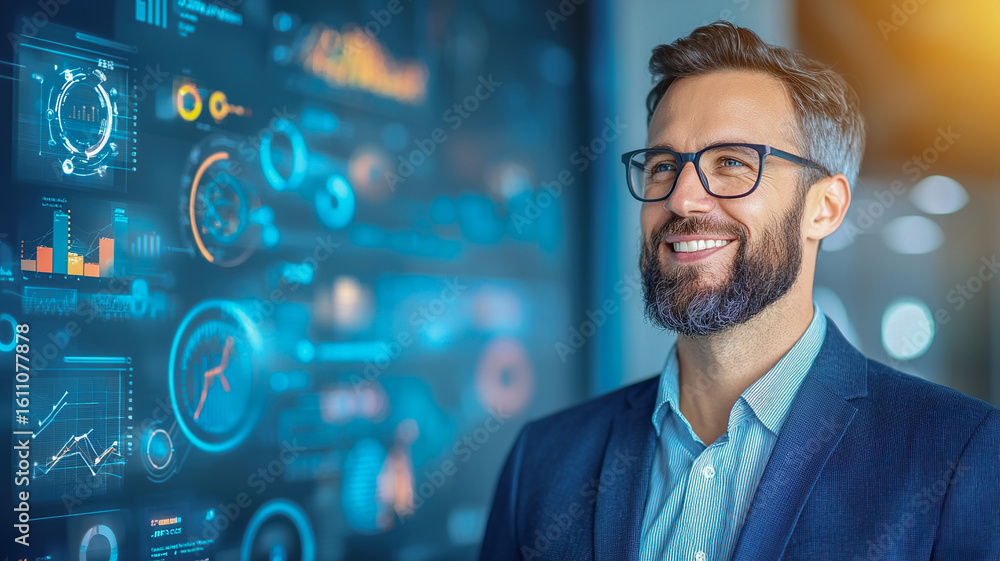 Poster smiling man in glasses standing in front of digital data displays, showcasing graphs and analytics, 
