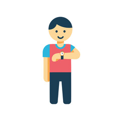A simple flat illustration of a cartoon boy checking his wristwatch. A concept for time management, punctuality, and scheduling.