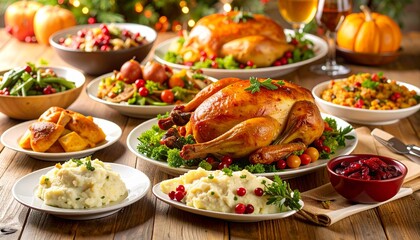 A Thanksgiving feast is displayed on a wooden table, featuring roasted turkey, mashed potatoes, cranberry sauce, stuffing, green beans, and other side dishes.