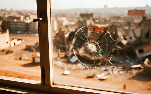 Broken Window with Bullet Impact Overlooking Destroyed City Buildings