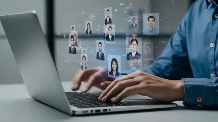 Professional Man Managing Virtual Team with Digital Human Resource Network - Powered by Adobe