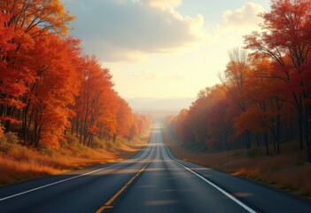 Fototapeta premium lonely highway cascading through vibrant autumn foliage colorful leaves expansive horizon, landscape, road, trees, colors, farm, view, scenery, nature