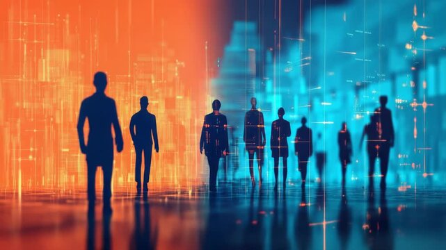 Silhouette businessperson digital technology abstract cityscape with glowing data lines and futuristic innovation showcasing teamwork and modern connection communication network energy movement