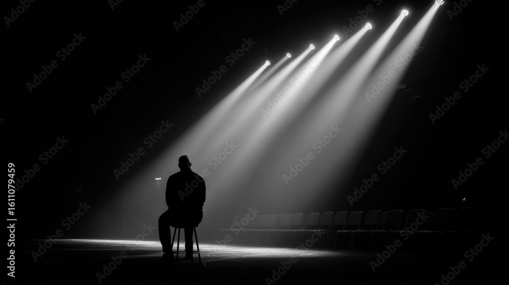 Poster silhouette of a thinker in a spotlight on a dark stage with empty seats in the background